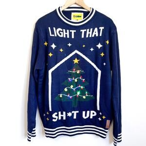 Tipsy Elves Light Up Ugly Christmas Sweater Womens Size L Blue Tree Party